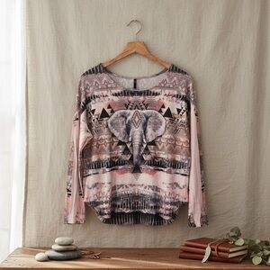 Love Culture Elephant Graphic Boho Tunic Top with High-Low Hem, Size M/L